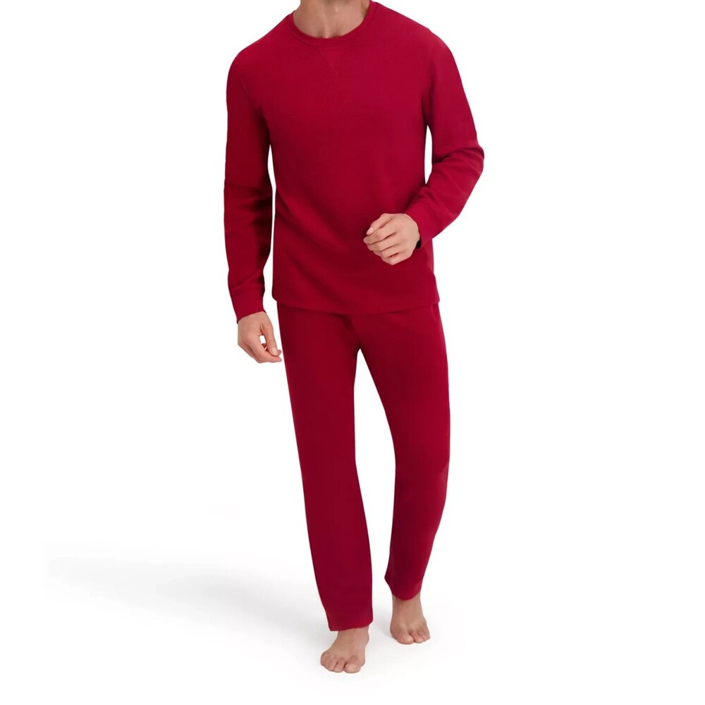 HANES Pajama Set Mens Large Red Waffle Knit 2-Piece PJs Sleepwear